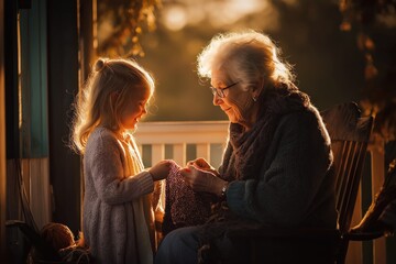 Obraz premium A warm, tender moment between an elderly woman and a young girl sharing time on a porch at sunset.