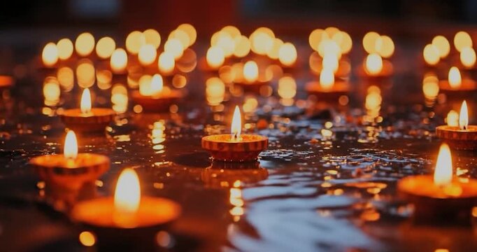 Warm Candlelight Reflections on Water, Peaceful Evening Background