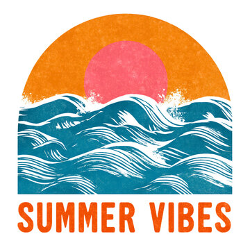 Summer vibes retro ocean wave illustration with sunset