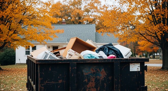 A dumpster overflowing with discarded items sits outside a house with autumn foliage