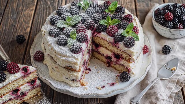 Sweet layered cake adorned with fresh dark berries and powdered sugar dusting overhead view