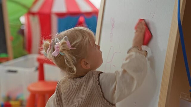 Little blonde girl erases pink marker marks on a whiteboard with a red eraser inside a building; playfulness learning.