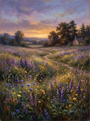 Naklejka premium Romantic Twilight Wildflower Meadow Vintage Oil Painting