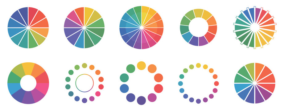 Color wheel guide, floral pattern palette design, RGB and CMYK color system, rainbow light spectrum vector illustration.
