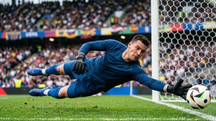 Naklejka premium Soccer goalkeeper diving to catch ball at net