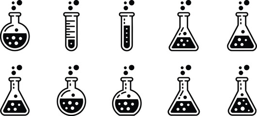 Naklejka premium Laboratory, equipment icon set, scientific glassware including test tubes beakers and flasks for chemistry research education and laboratory concept graphics.