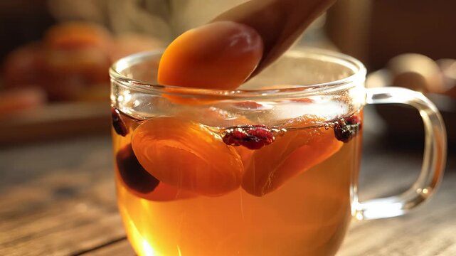 Warm herbal infusion with dried fruit steaming in a clear mug