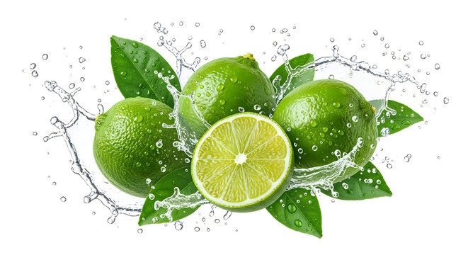 Fresh lime fruits with green leaves and water splash isolated on white background