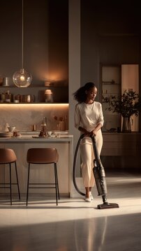 Woman vacuuming a modern kitchen floor with a cordless stick vacuum cleaner. A woman is cleaning her contemporary kitchen with a modern vacuum cleaner, maintaining a spotless living space