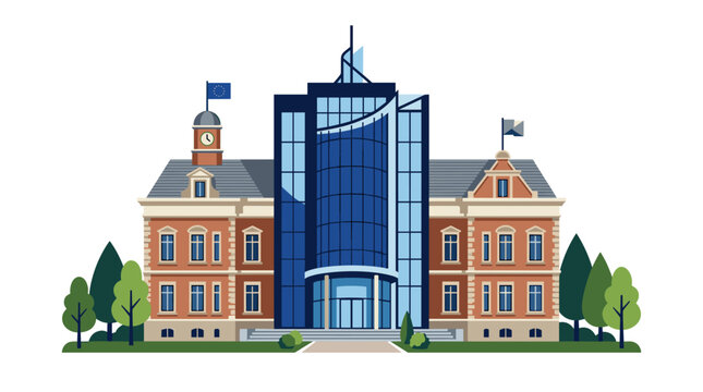 Modern European Government Building Vector Illustration with Glass Tower and Classic Architecture institution flag clock flagpole lines geometric flat design