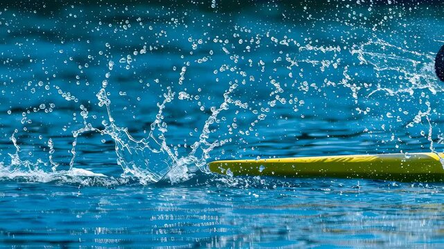Kayaker paddling a yellow kayak on blue water creating splash. Professional athlete training in water sport competition. Dynamic movement for healthy lifestyle.