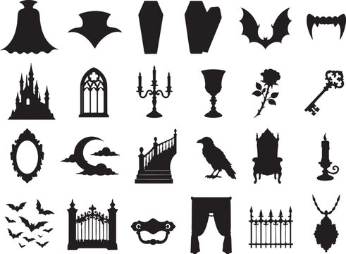 Black and white of various symbols, and silhouettes