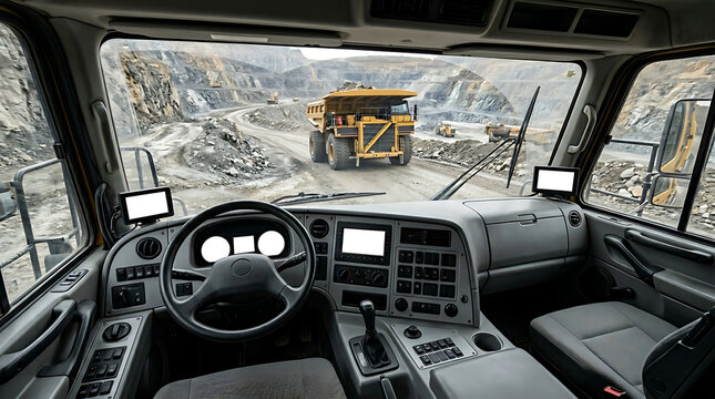 View from the interior cabin of a heavy mining dump truck at an industrial quarry site