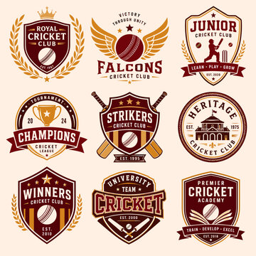 A collection of nine vintage-style cricket club logos and emblems featuring bats, balls, trophies, and shields, in maroon and gold.