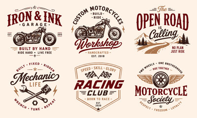 Fototapeta premium Set of six vintage motorcycle club and garage emblems with custom bike designs and retro typography.