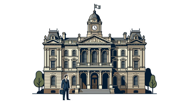 Professional Man Standing Confidently in Front of Grand Government Building Vector Illustration suit authority civic architecture confident domestic public administration