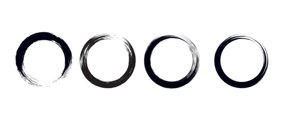 Japanese round brushstrokes. Vector Asian enso circles. Straight distress long lines set. Chinese black zen calligraphy elements. Abstract Buddhist border collection © Handy