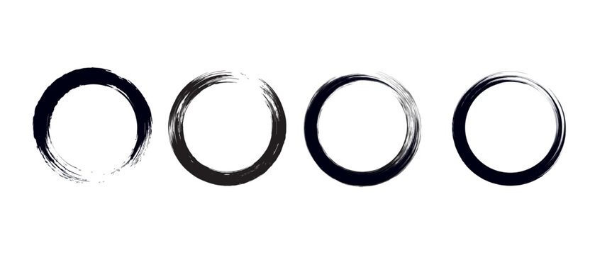 Japanese round brushstrokes. Vector Asian enso circles. Straight distress long lines set. Chinese black zen calligraphy elements. Abstract Buddhist border collection