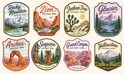Obraz premium Collection of eight vintage-style national park badges featuring iconic landscapes, flora, and fauna from Rocky Mountain, Zion, Joshua Tree, Glacier, Arches, Sequoia, Grand Canyon, and Yellowstone.