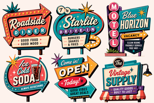 A collection of six vibrant retro-style roadside signs, including a diner, drive-in, motel, soda, and open signs, evoking 1950s American nostalgia.