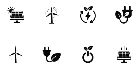 Renewable energy icon set, eco power symbols including solar panel, wind turbine, recycling loop, electric plug and green leaf icons, clean sustainable vector illustration. ©    