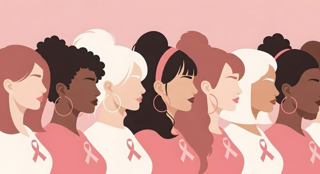 Diverse women supporting breast cancer awareness month illustration for campaigns and healthcare communications