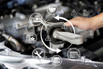 Automotive maintenance concept, close-up of worn engine mount component with inspection icons,...