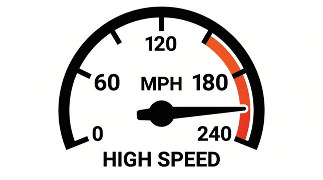 illustration of car speedometer with needle pointing to red zone. high speed concept with mph gauge on white background. copyspace. banner, website header.