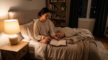 Fototapeta premium Young Woman Reading Book in Warm Cozy Bedroom Setting