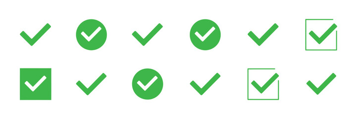 Checkmark icon set, green check mark and tick symbols, approval confirmation and correct choice icons, checklist validation vector illustration. © AYAT002