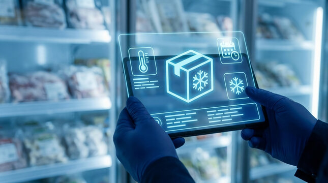Smart logistics worker monitoring cold chain temperature and food storage inventory using futuristic digital tablet interface in industrial freezer warehouse