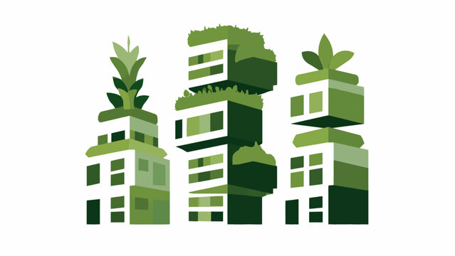 A set of modern eco friendly buildings with green plants on the rooftops