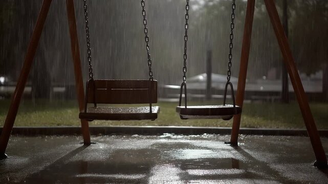 Empty Playground Swings at Night in the Rain.