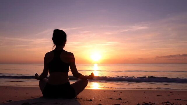 Silhouette of a woman meditating on a beach at sunset with warm, serene colors and a calm atmosphere.