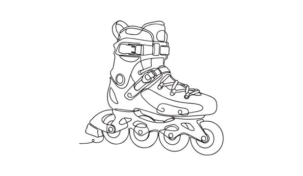 Single continuous line drawing chunky recreational inline skate. Protective padded boot, ankle strap fastener, and four wheels for an active lifestyle.