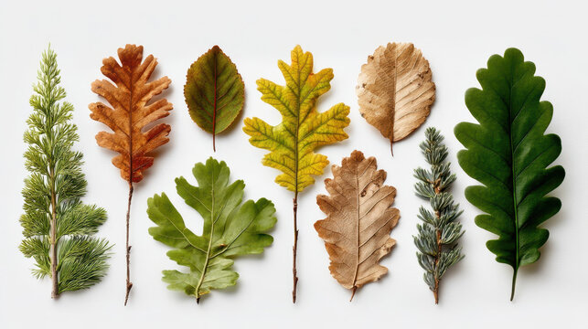 Various tree leaves and evergreen branches on white background, botanical composition with oak, pine and autumn foliage