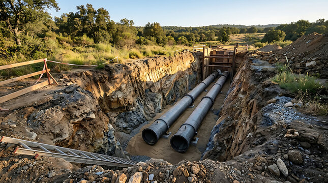 Construction of underground pipeline infrastructure with large diameter pipes in an open trench during daylight hours