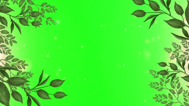 Leaves frame the edges of a bright green screen background, providing a natural botanical border that is ideal for inserting text or video content for organic and eco-friendly themed projects.