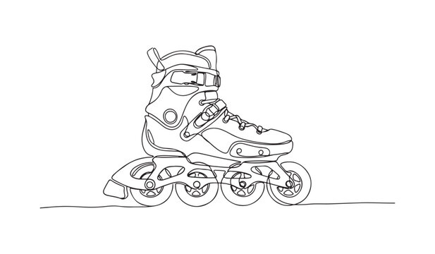 Single continuous line drawing chunky recreational inline skate. Protective padded boot, ankle strap fastener, and four wheels for an active lifestyle.