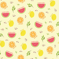 Obraz premium Seamless Pattern with Orange, Watermelon, and Lemon Illustration on Pale Yellow Background