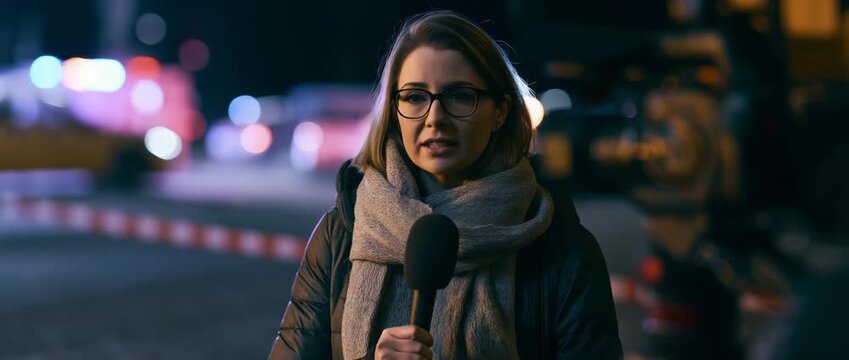 Television reporter at night crime scene, breaking news, media coverage