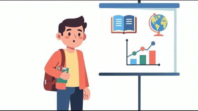Student boy giving a presentation with a chart and globe