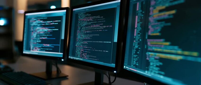 Multiple computer screens displaying source code in a modern development workspace, software development or cybersecurity activities