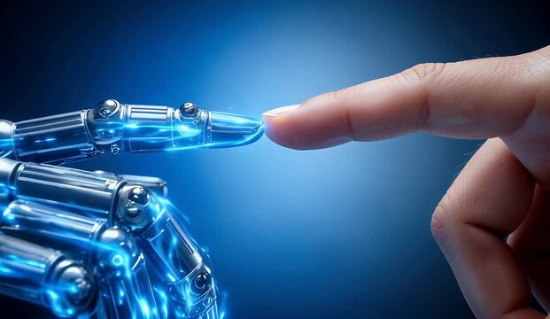 Human finger touching a glowing robotic finger, symbolizing connection between humanity and artificial intelligence.