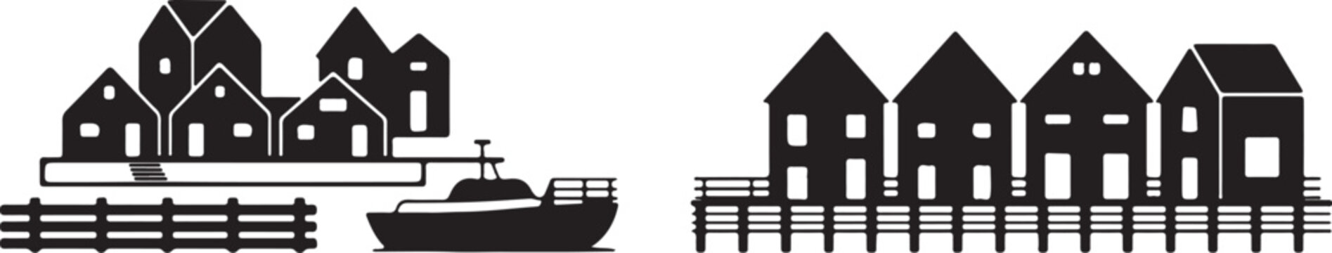 Set of black and white silhouettes of houses on stilts on piers and fishing boat, maritime buildings outlines.