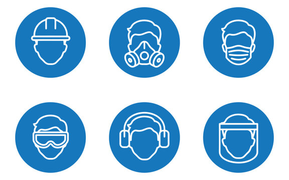 Head protection mandatory sign set, blue circle safety icons, helmet, goggles, ear protection, mask and respirator requirement symbols, vector illustration.