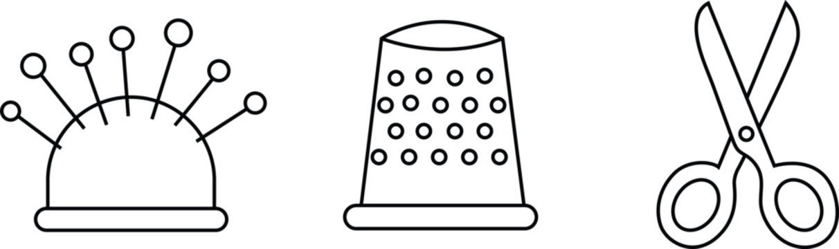 Set of three sewing tools including pincushion thimble and sharp scissors. line icons. Editable thin outline packs. Vector illustration