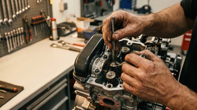 closeup of dirty mechanic hands repairing car engine with wrench. auto repair shop interior with tools on pegboard background. vehicle maintenance, industrial labor concept.