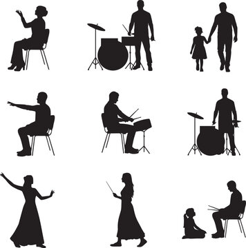 Musician playing drums and conductor leading music in black and white Vector