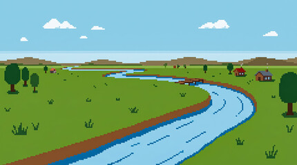 Obraz premium Pixel Art Winding River Flowing Through Green Fields and Countryside Houses